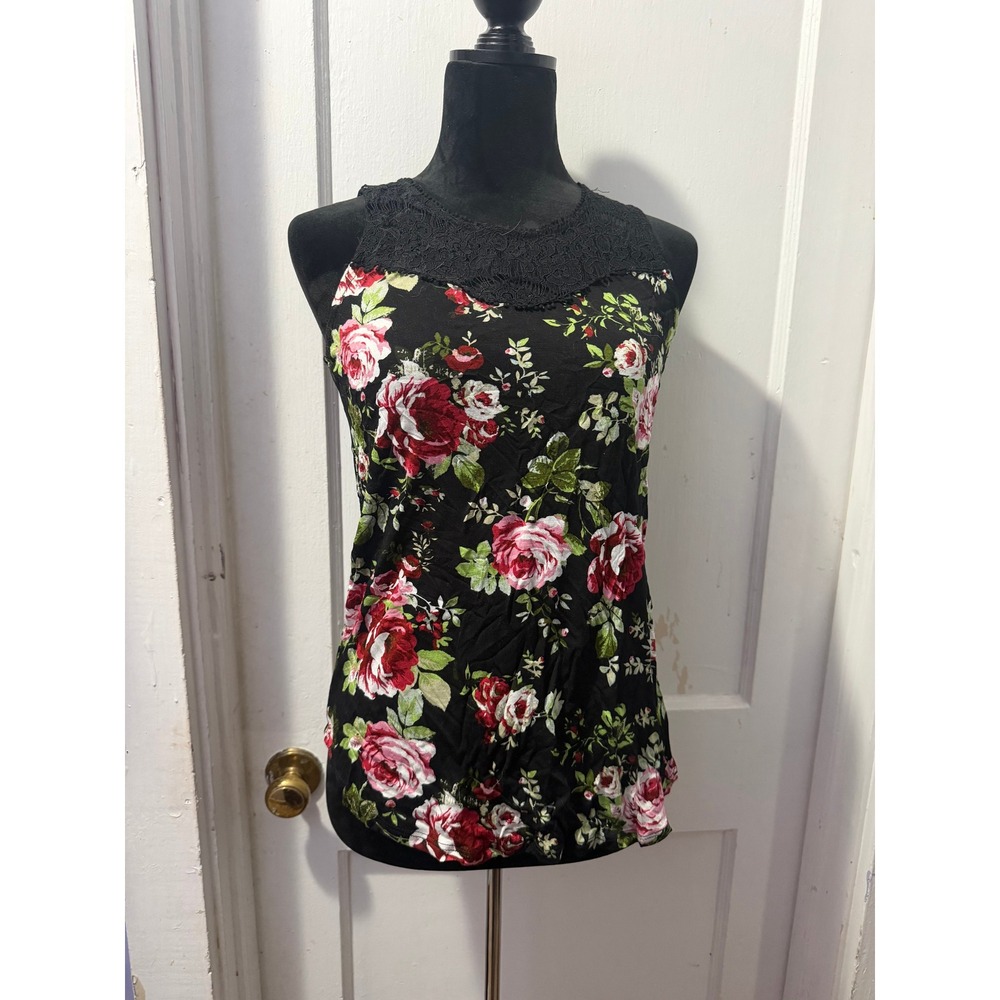 Ambiance Black Floral Tank Top Lace Detail Sleeveless Rose Print Small NWOT